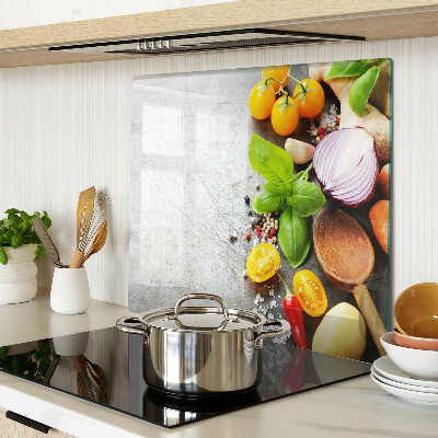 Glass chopping board Kitchen ingredients and herbs