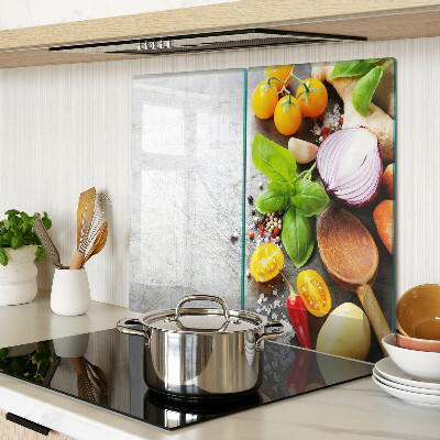 Glass chopping board Kitchen ingredients and herbs