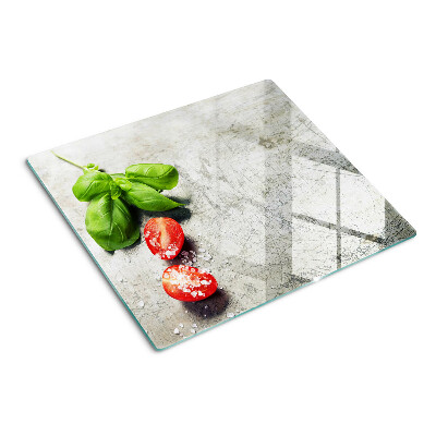 Glass kitchen board Tomatoes with basil and salt
