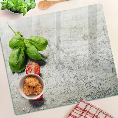 Glass kitchen board Tomatoes with basil and salt