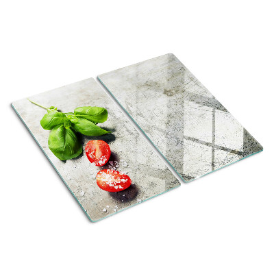 Glass kitchen board Tomatoes with basil and salt