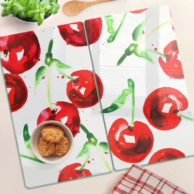 Glass chopping board Red cherries on a white background