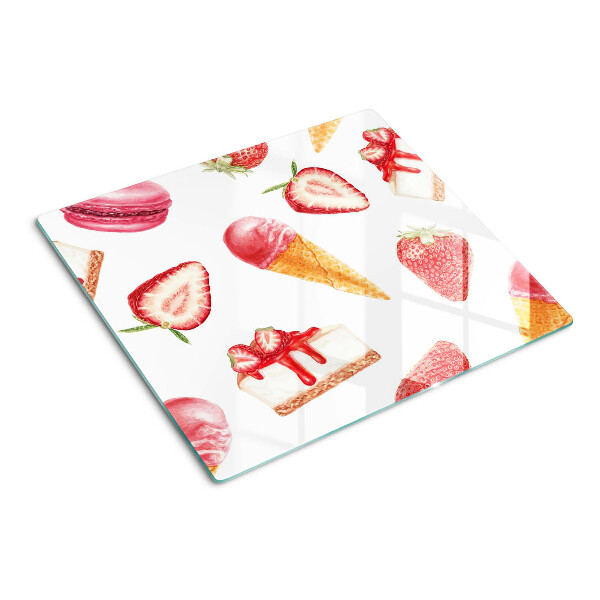 Glass chopping board Ice cream and strawberries