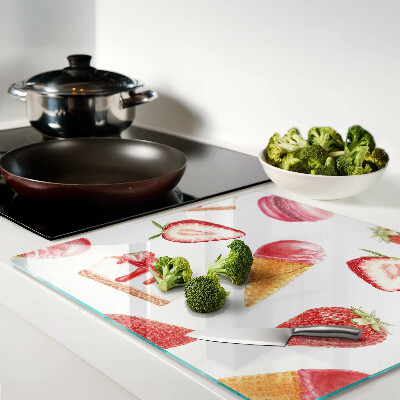 Glass chopping board Ice cream and strawberries