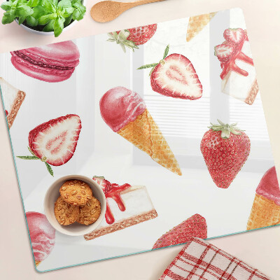 Glass chopping board Ice cream and strawberries