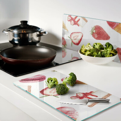 Glass chopping board Ice cream and strawberries