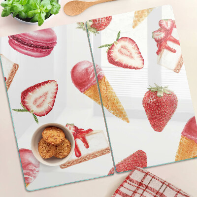 Glass chopping board Ice cream and strawberries