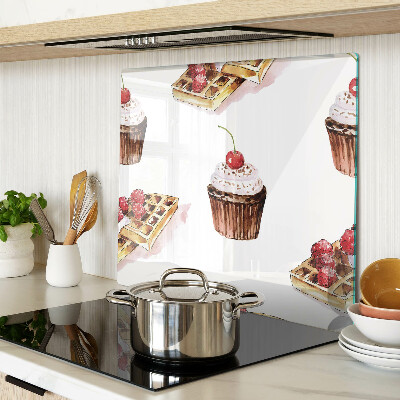 Glass chopping board Waffles and cupcakes with cherries