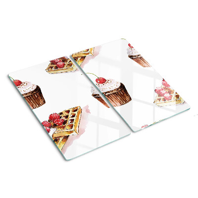 Glass chopping board Waffles and cupcakes with cherries