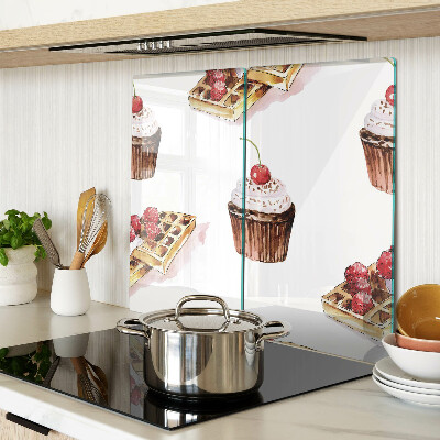 Glass chopping board Waffles and cupcakes with cherries