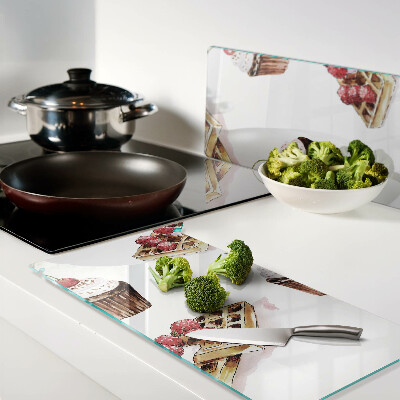 Glass chopping board Waffles and cupcakes with cherries