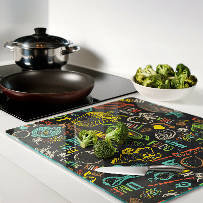 Glass kitchen board Culinary theme with food