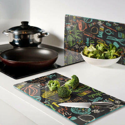 Glass kitchen board Culinary theme with food