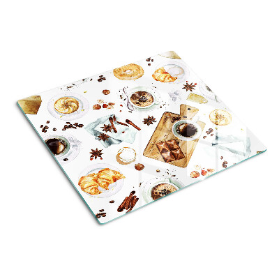 Glass kitchen board Coffee delicacies and baked goods