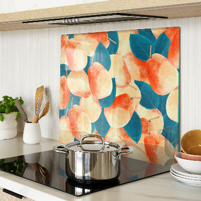 Glass chopping board Peaches against the background of leaves
