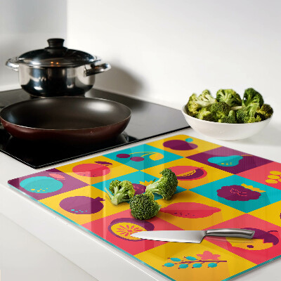 Glass kitchen board Fruit motif in colorful squares