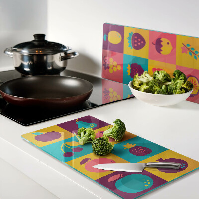 Glass kitchen board Fruit motif in colorful squares