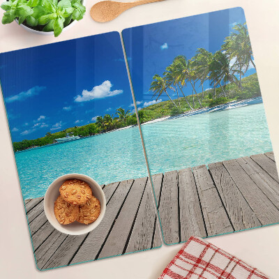 Glass kitchen board Tropical beach with palm trees