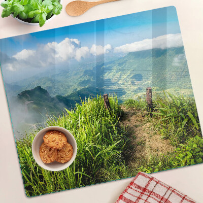 Glass chopping board Mountain landscape with greenery