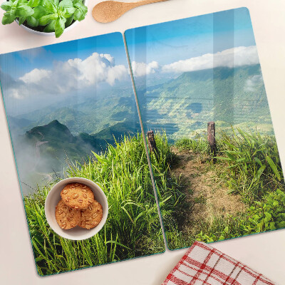 Glass chopping board Mountain landscape with greenery