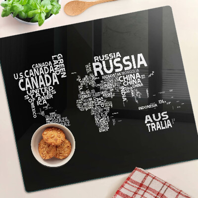 Glass chopping board World map with country names