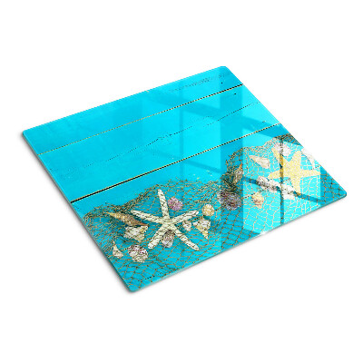 Glass chopping board Seashells and sea stars in a net