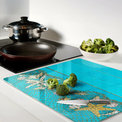 Glass chopping board Seashells and sea stars in a net