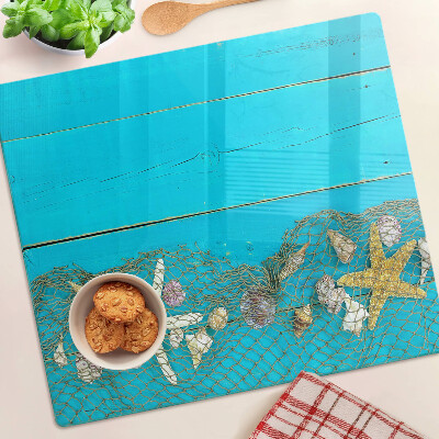 Glass chopping board Seashells and sea stars in a net
