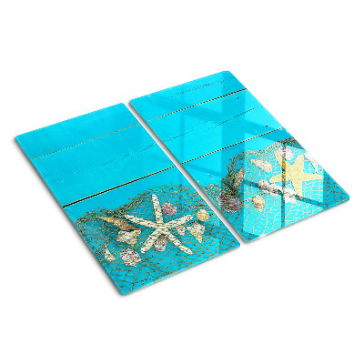 Glass chopping board Seashells and sea stars in a net