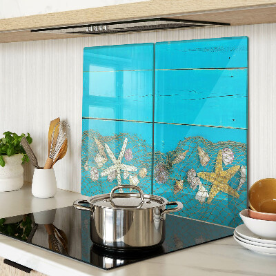 Glass chopping board Seashells and sea stars in a net