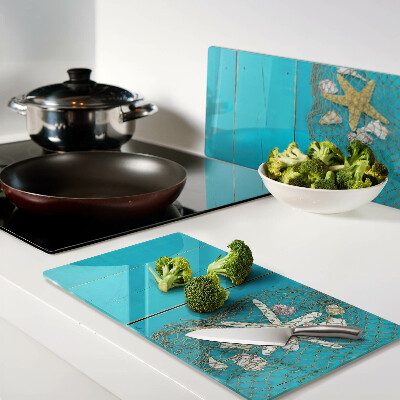 Glass chopping board Seashells and sea stars in a net