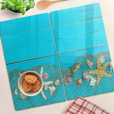Glass chopping board Seashells and sea stars in a net