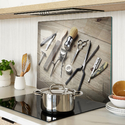 Glass kitchen board Hairdressing tools on a wooden background