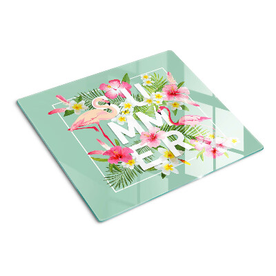 Glass chopping board Summer flowers and flamingos