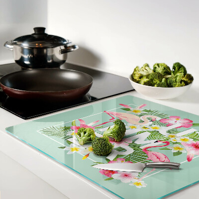 Glass chopping board Summer flowers and flamingos