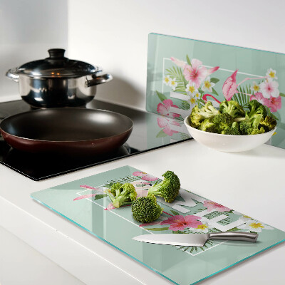Glass chopping board Summer flowers and flamingos