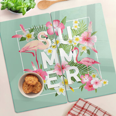 Glass chopping board Summer flowers and flamingos
