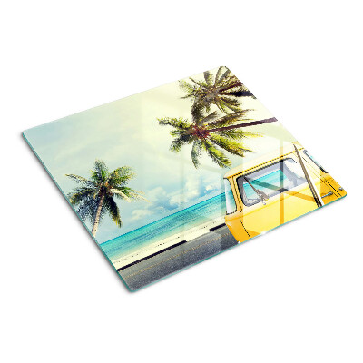 Glass kitchen board Beach with palm trees and a car