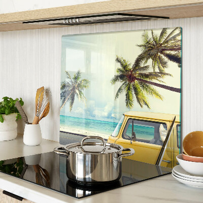 Glass kitchen board Beach with palm trees and a car