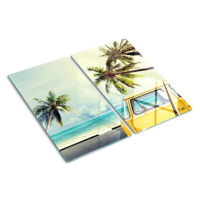 Glass kitchen board Beach with palm trees and a car