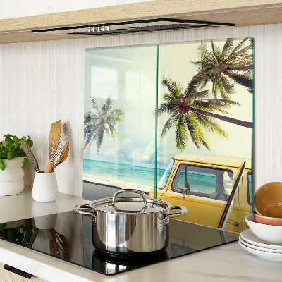 Glass kitchen board Beach with palm trees and a car