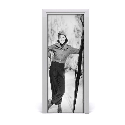 Door wallpaper Woman with skis