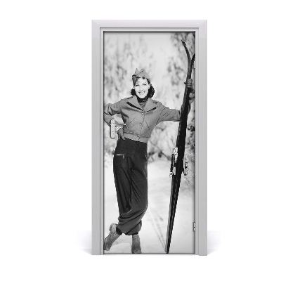 Door wallpaper Woman with skis