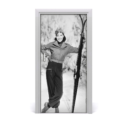 Door wallpaper Woman with skis