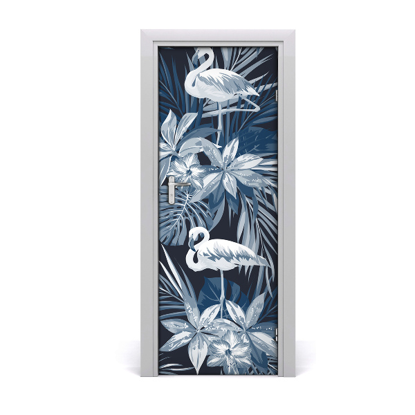 Self-adhesive door sticker Flowers and flamingos