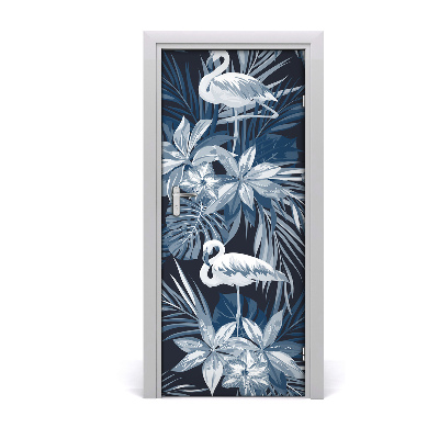 Self-adhesive door sticker Flowers and flamingos