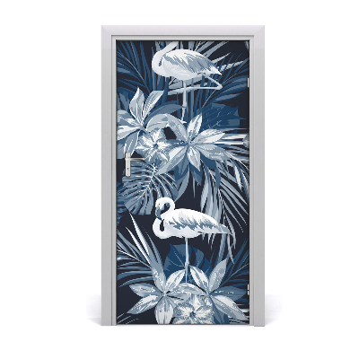 Self-adhesive door sticker Flowers and flamingos