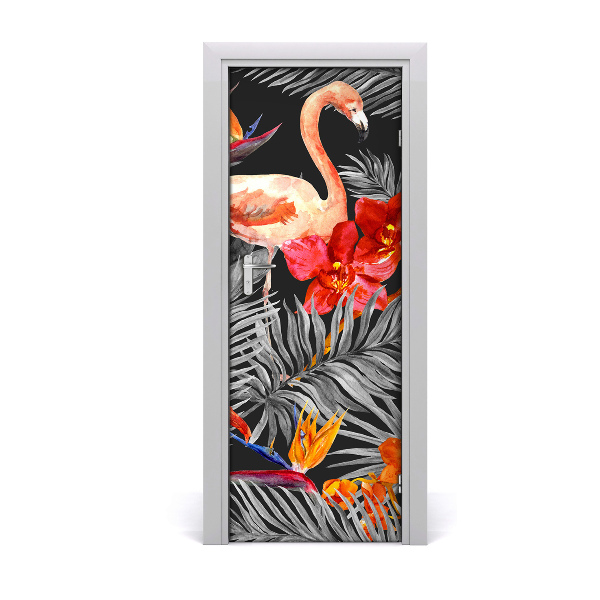 Self-adhesive door sticker Flamingos and flowers