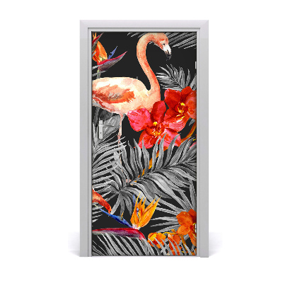 Self-adhesive door sticker Flamingos and flowers