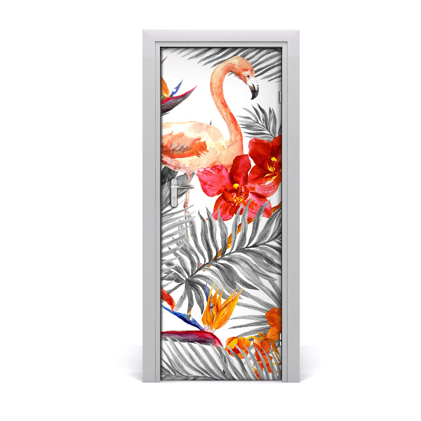 Self-adhesive door sticker Flamingos and flowers